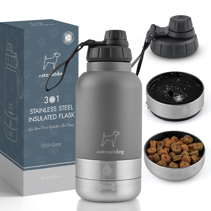 #streetdog Stainless steel dog bottle 3 in 1 with travel bowls, double-walled dog drinking bottle for on the go BPA-free - PawsPlanet Australia