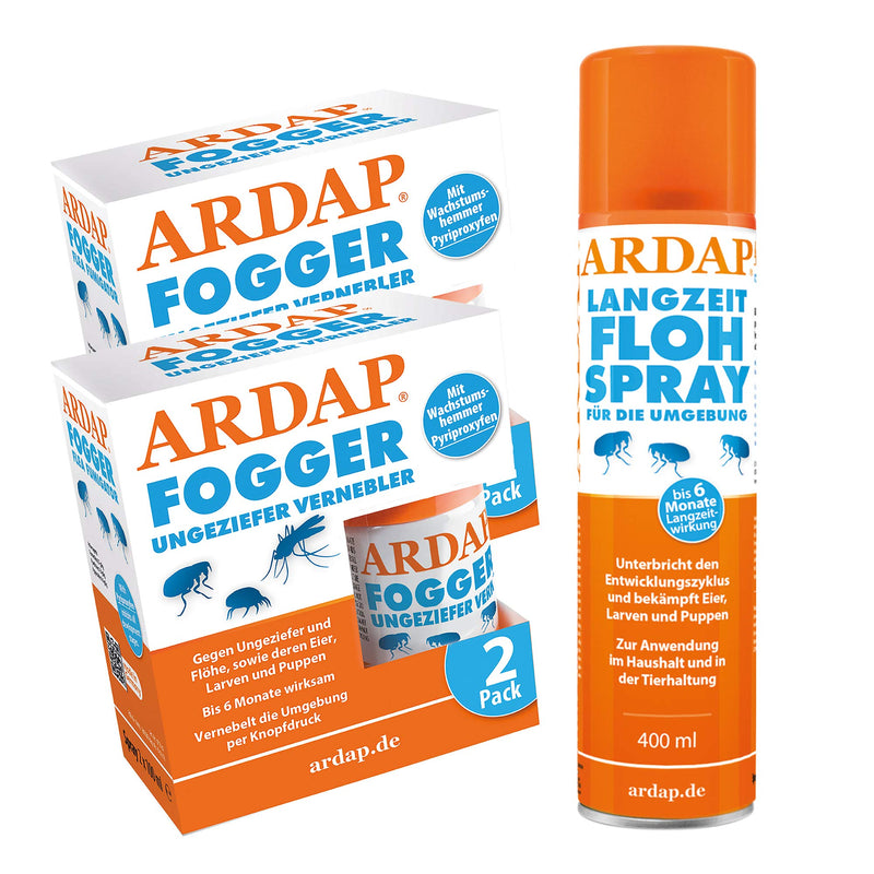 ARDAP set 1 x 400 ml flea spray + 4 x 100 ml fogger against fleas + tick tweezers - PawsPlanet Australia