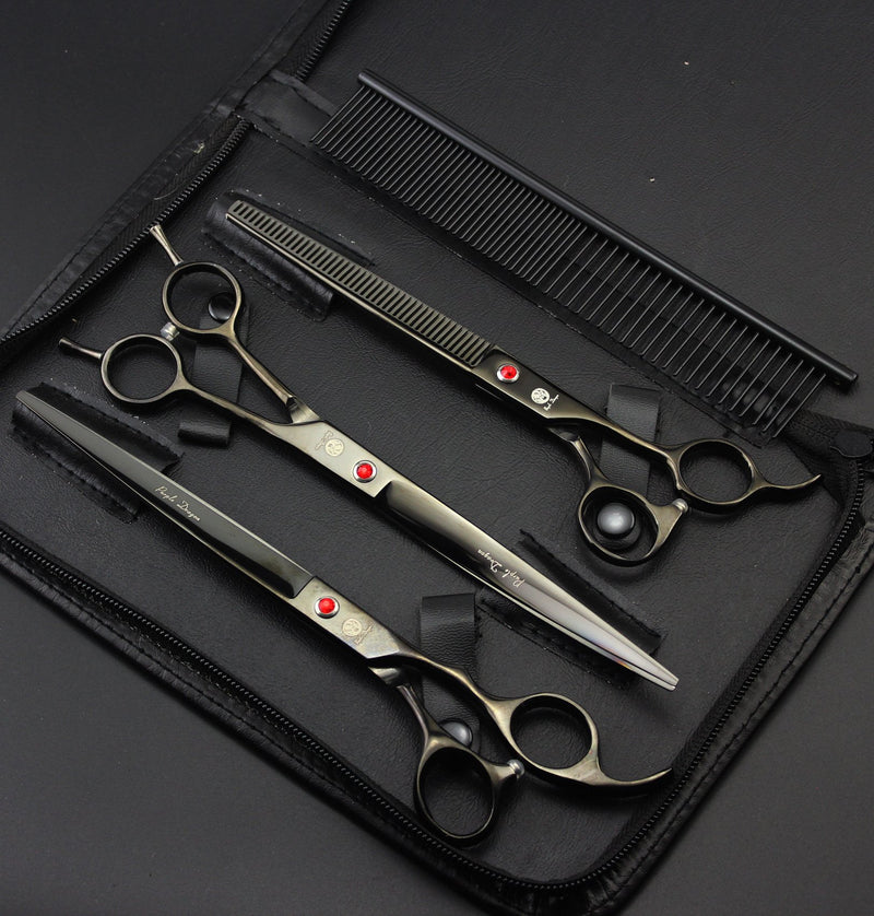 Purple Dragon 8 inch 3 in 1 Professional Pet Grooming Thinning Scissors - Upward Curved Shears and Dog Hair Cutting Scissor - Perfect for Pet Groomer or Family DIY Use Black - PawsPlanet Australia