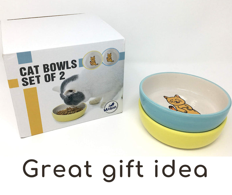 Mishi 2 x CERAMIC Cat Bowls 2 Pet Bowls for Feeding & Water - Cat Food Bowl Set of 2 - Dishes Prevent Whisker Fatigue - PawsPlanet Australia