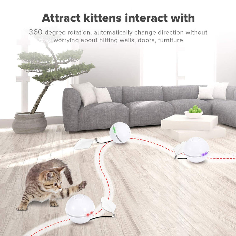Feeko Interactive Cat Toys for Indoor Cats, Automatic Rolling Kitty Toys, Build-in Catnip Spinning Color Led Light, USB Charging Timing Motion Ball with Feather/Bells Toys for Cats/Kitten white - PawsPlanet Australia