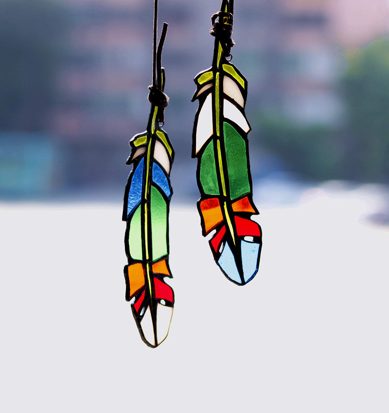 HAOSUM Feather Stained Glass Window Hangings, Glass Suncatchers Hanging Ornament for Wall, Window，Home Decoration Set of 2 - PawsPlanet Australia
