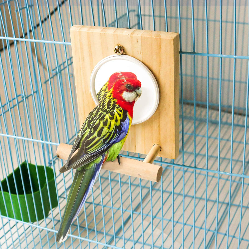 [Australia] - suruikei Bird Mirror Toy with Wooden Perch Stand, Birdcage Fun Platform Stand Toys for Macaws Lovebird Cockatoo Parakeet Conure Finch Cockatiels Bird Cage Accessories Wood Toy Set 1 