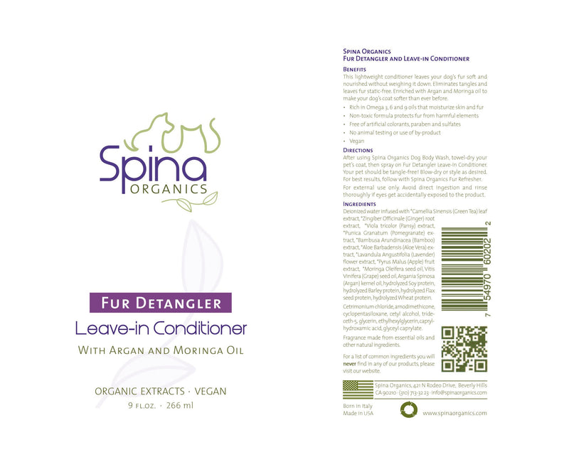 [Australia] - Spina Organics, All-Natural Dog Leave-in Conditioner DETANGLER, Non-Toxic and Rich in Omegas, Leave in Moisturizing to Detangle Pet's Coat - 9 Fl Oz 