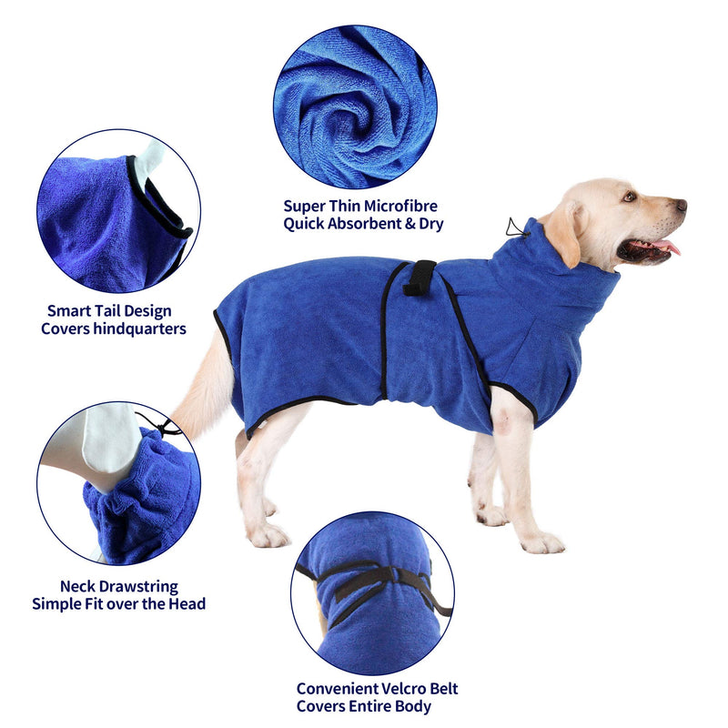 Kaka mall Soft Microfiber Pet Dog Bathrobe Robe, Super Absorbent Dog Quick Drying Coat Luxurious Towel Adjustable Medium Large X-Large Size Blue (M: 50 CM Body Length) M: Back Length 45 CM - PawsPlanet Australia