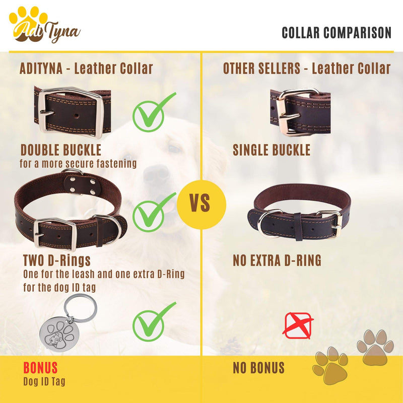 [Australia] - ADITYNA Leather Dog Collar for Small, Medium and Large Dogs - Heavy Duty Wide Dog Collars with Durable Metal Hardware & Double D-Ring - Unique Name Tag Included L: 1,5" width / 17"- 23" length Brown 