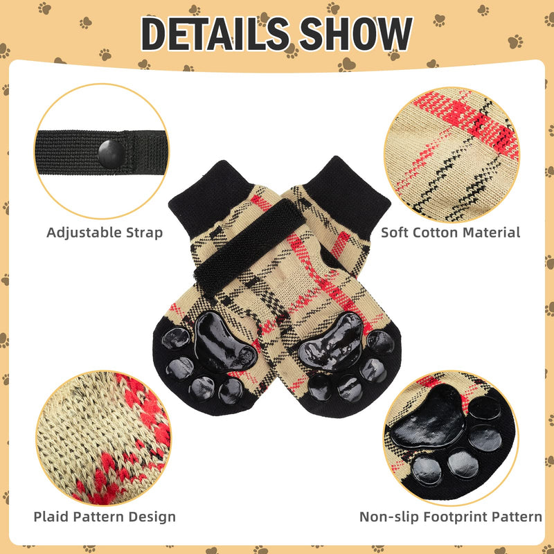 BINGPET Non-Slip Dog Socks Paw Protector with Adjustable Strape - 2 Pairs Classic Plaid Double-Sided Paw Protector Anti-Slip Traction Control for Indoor Wear Beige Small - PawsPlanet Australia