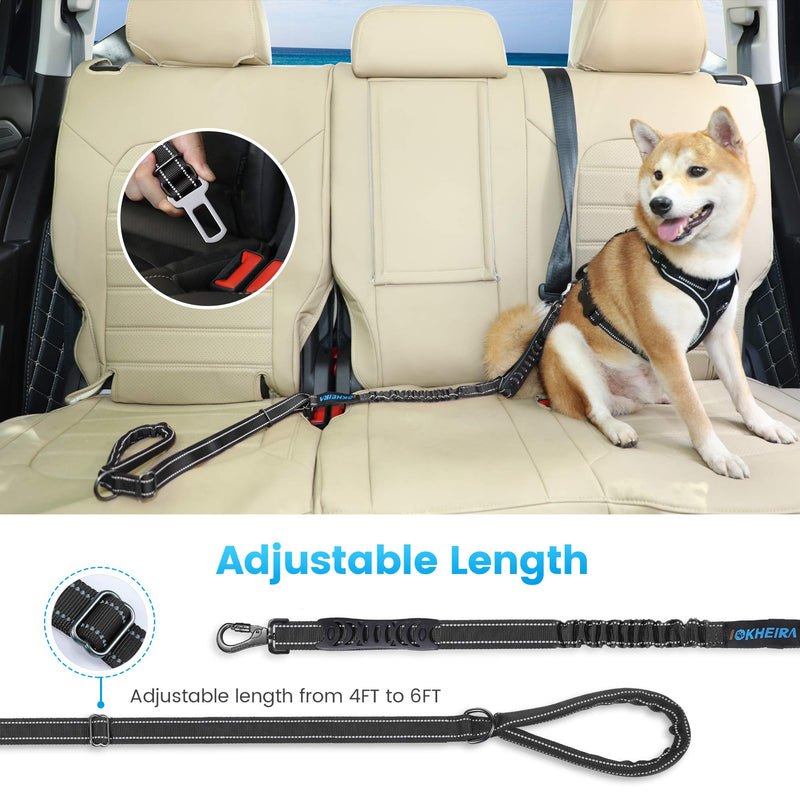IOKHEIRA Bungee Dog Leads Strong Dog Leash Shock Absorbing with 2 Comfortable Padded Handle Car Seat Belt Buckle Reflective Threads, Adjustable Dog Lead Rope for Small Medium Large Dogs (4-6 ft) Black - PawsPlanet Australia