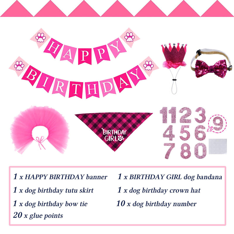 STMK Dog Birthday Outfit Girl, Dog Birthday Bandana Girl Tutu Skirt Birthday Number Crown Hat Bowtie Happy Birthday Banner for Pet Puppy Dog Birthday Party Supplies (Rose) - PawsPlanet Australia