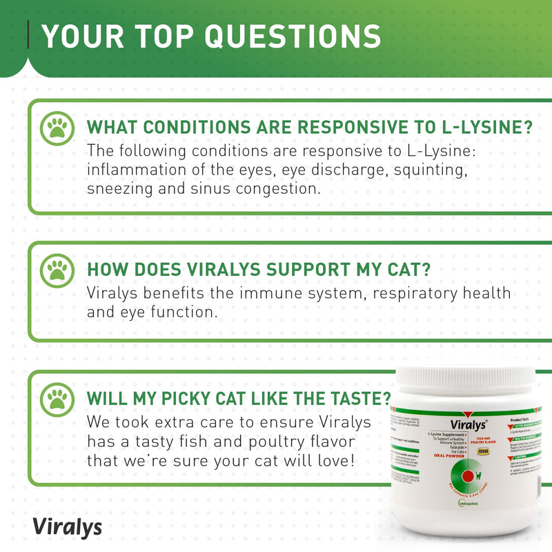 Vetoquinol Viralys L-Lysine Supplement for Cats - Cats & Kittens of All Ages - Immune Health - Sneezing, Runny Nose, Squinting, Watery Eyes - Flavored Lysine Powder 100 Grams - PawsPlanet Australia