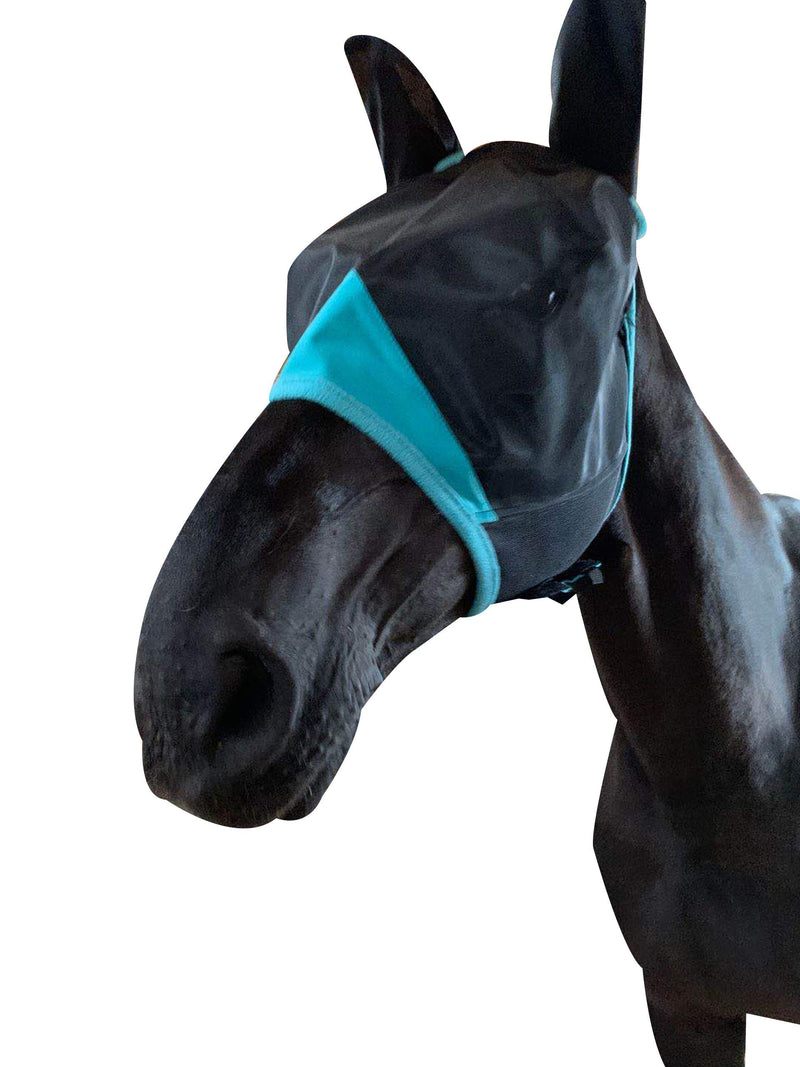 TGW RIDING Horse Mask with Ears Fine Mesh Warmblood Black/Turquoise - PawsPlanet Australia