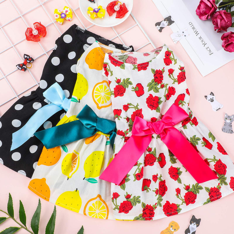 3 Pieces Dog Dress Cute Pet Clothing and 6 Pieces Dog Hair Bow with Elegant Ribbon Pet Apparel for Puppy Dogs and Cats on Wedding Holiday New Year Spring Summer (Rose, Lemon, White Polka Dot, S) Rose, Lemon, White Polka Dot Small - PawsPlanet Australia