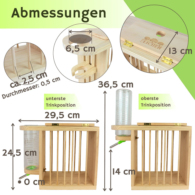Three Oaks® hay rack including height-adjustable drinking bottle. For guinea pigs, rabbits, hares, hamsters and much more. Untreated FSC wood. Perfect for small animal stables, rabbit accessories, rodent drinking bottle - PawsPlanet Australia
