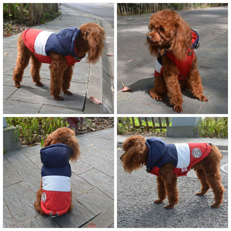 Lovelonglong Waterproof Hooded Dog Jacket for Winter, Windproof Snow-Proof Outdoor Sports Dog Coat with Warm Cotton Lining and Neck Leash Hole for Large Medium Small Dog, Smooth Alloy Zipper XL (medium dog -30lbs) Navy-White-Red - PawsPlanet Australia