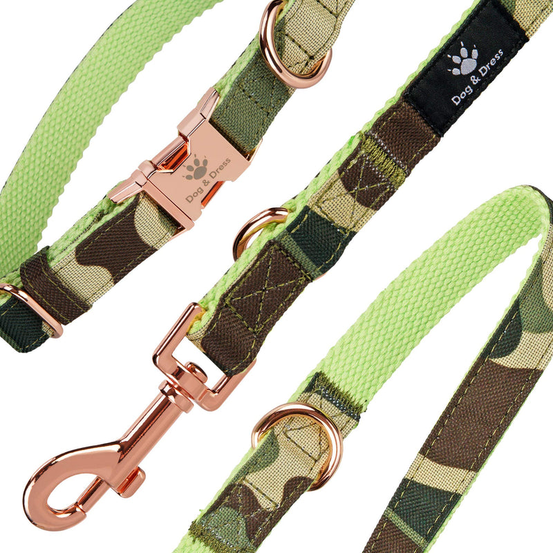 Dog Collar and Lead Set, Camouflage, Rose Gold, Adjustable, Dog Lead 2m, 3 Rings, Carabiner, Large Dogs and Small Dogs, Nylon, Gift Dog M/L 40-63 cm - PawsPlanet Australia