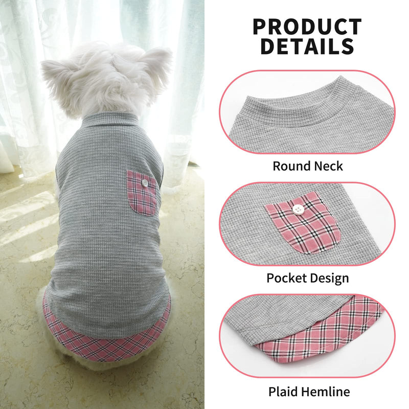 KYEESE Waffle Dog Shirts for Small Dogs Soft Stretchy Dog T-Shirts Lightweight Dog Tank Top Sleeveless Dog Vest Breathable Cat Shirt Puppy Clothes with Small Pocket Decorations and Plaid Patchwork M-Chest(16") Grey - PawsPlanet Australia