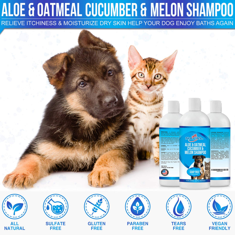 NACRL Oatmeal Soap Free Shampoo for Dogs with Soothing Aloe Vera & Cucumber Essence & Ripe Melon Extract, Suitable for All Pets, Hypoallergenic, Formula Provides Relief from Dry, Itchy Skin, 16 Oz - PawsPlanet Australia