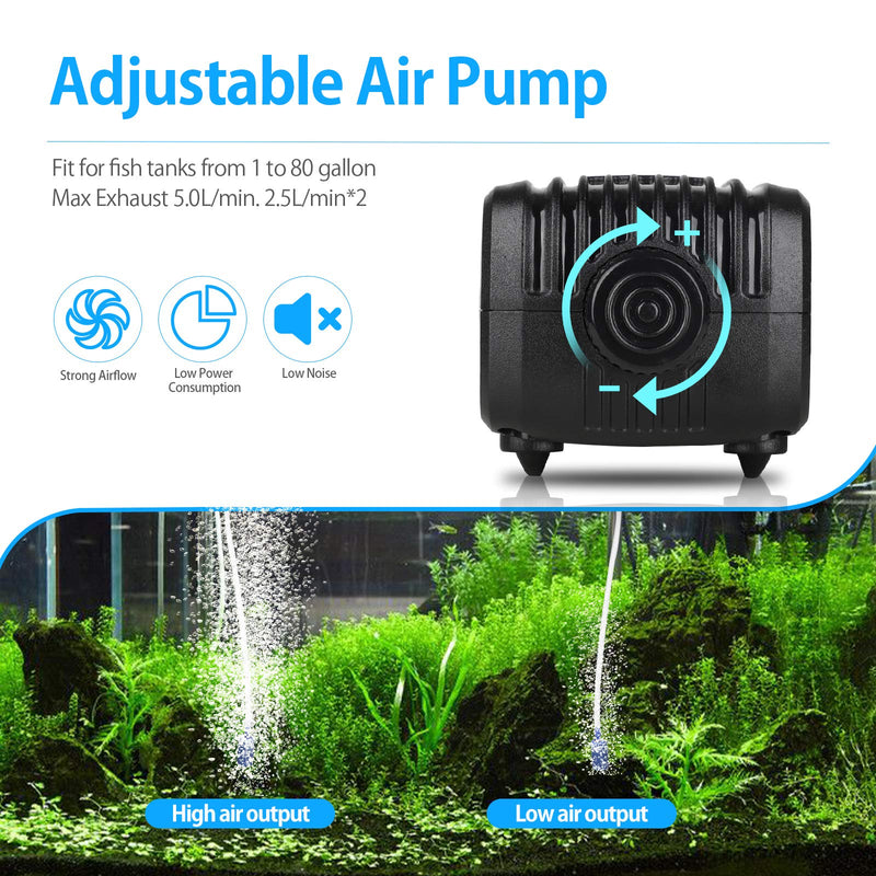 Aquarium Air Pump, Fish Tank Air Pump with Dual Outlet Adjustable Air Valve Ultra Silent Oxygen Whisper Air Pump with Air Stones Silicone Tube Check Valves Up to 80 Gallon Tank - PawsPlanet Australia