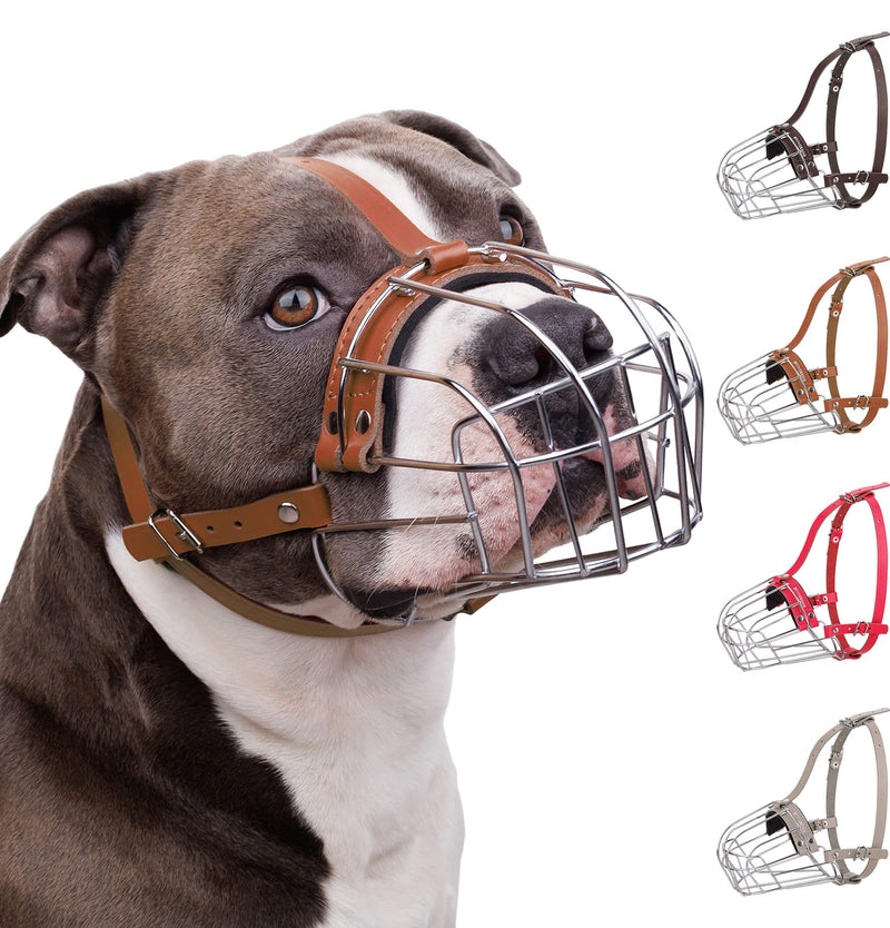 BRONZEDOG Pitbull Dog Muzzle Breathable Metal Basket for Large Dogs Amstaff Staffordshire Terrier Biting Chewing Barking (Brown) Brown - PawsPlanet Australia