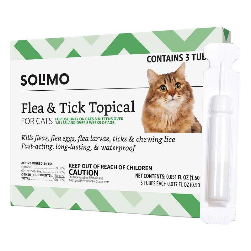 Amazon Brand - Solimo Flea and Tick Topical Treatment for Cats (over 1.5 pounds), 3 Dose/6 Dose 3 Doses - PawsPlanet Australia