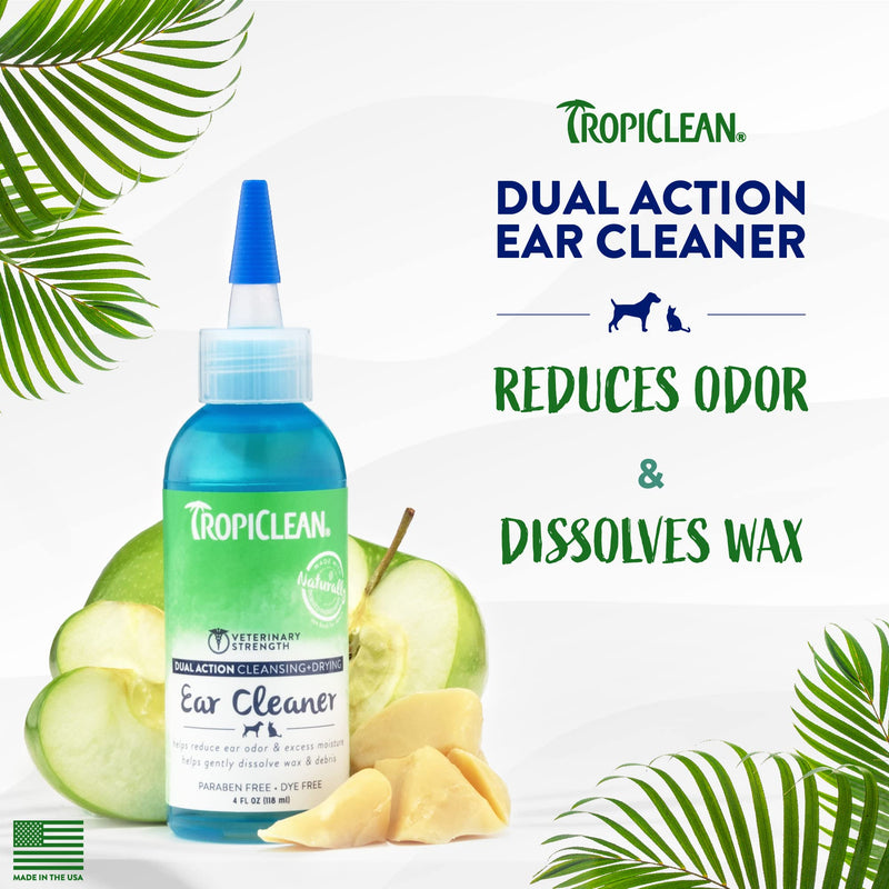 TropiClean Dual Action Pet Ear Cleaner - Clean and Dry - Reduces Odor and Excess Moisture - Removes Earwax and Dirt - 118ml - PawsPlanet Australia