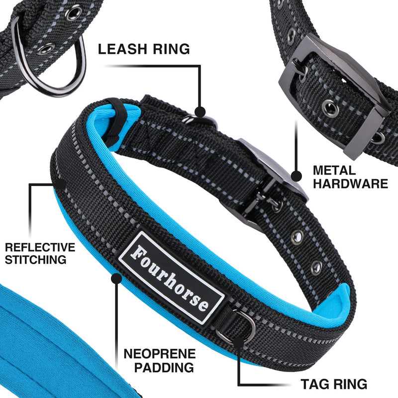 Fourhorse Heavy Duty Dog Collar, Comfortable Soft Neoprene Padded, Adjustable Reflective Nylon Pet Collar with Durable Metal Belt Buckle for Small/Medium/Large/X-Large Dogs S Blue - PawsPlanet Australia