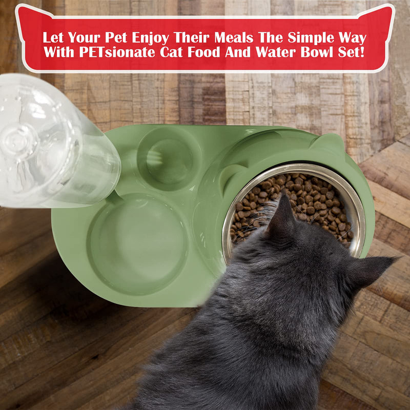 PETsionate Cat Food and Water Bowl Set - Cat Feeder and Water Dispenser Tilted - Gravity Cat Bowls for Food and Water - Automatic Dog and Cat Feeding & Watering Supplies – Elevated Cat Dish - 20oz Green - PawsPlanet Australia