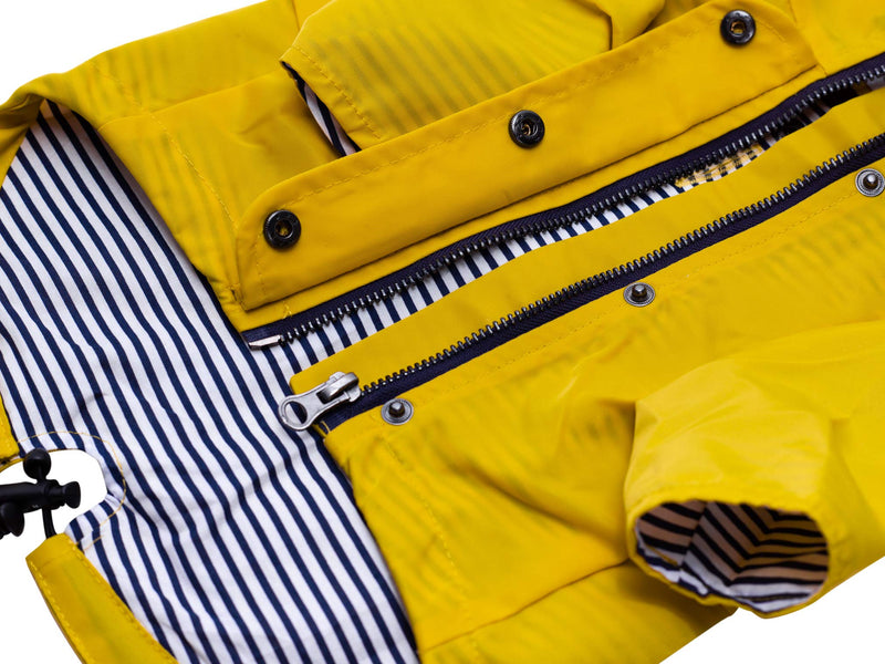 Ellie Dog Wear Yellow Zip Up Dog Raincoat with Reflective Buttons, Pockets, Rain/Water Resistant, Adjustable Drawstring, & Removable Hood - Size XXS to XXL - Stylish Premium Dog Raincoats Small - PawsPlanet Australia