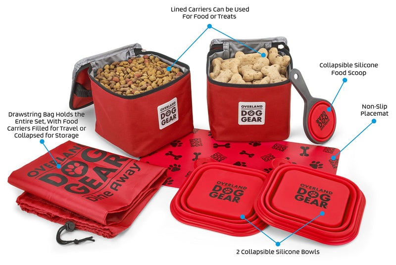 [Australia] - Overland Dog Gear, Dog Travel Bag, Dine Away Bag, Includes Lined Food Carriers and 2 Collapsible Dog Bowl, Collapsible Scooper and Placemat (Various Sizes and Colors) Med/Large Dog Red 