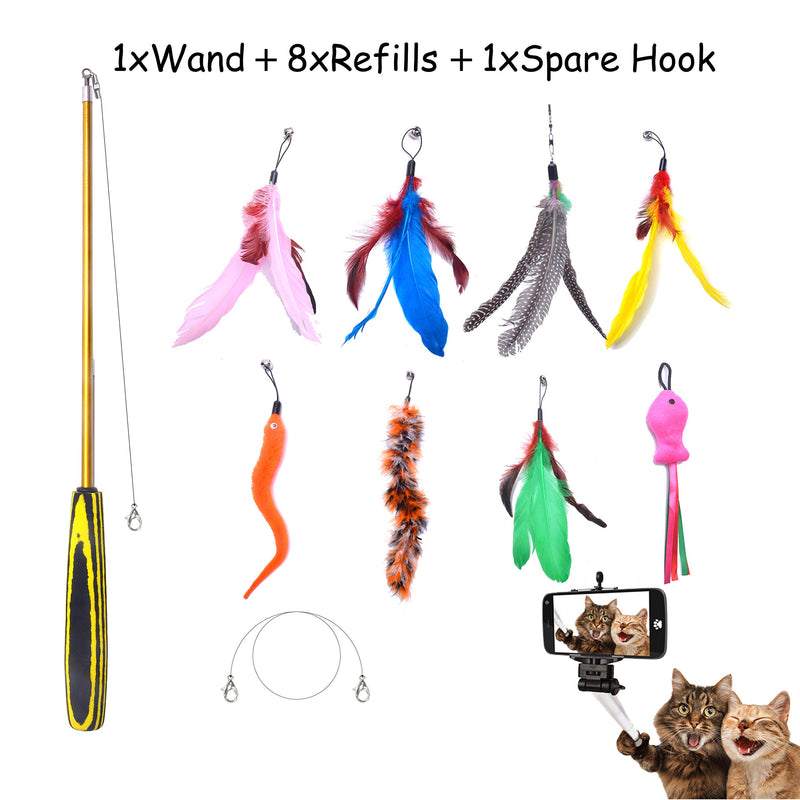 FYNIGO Cat Toys for Indoor Cats,Interactive Cat Feather Toy,Retractable Cat Teaser Wand Toy with 8 Refills and a Spare Hook - PawsPlanet Australia