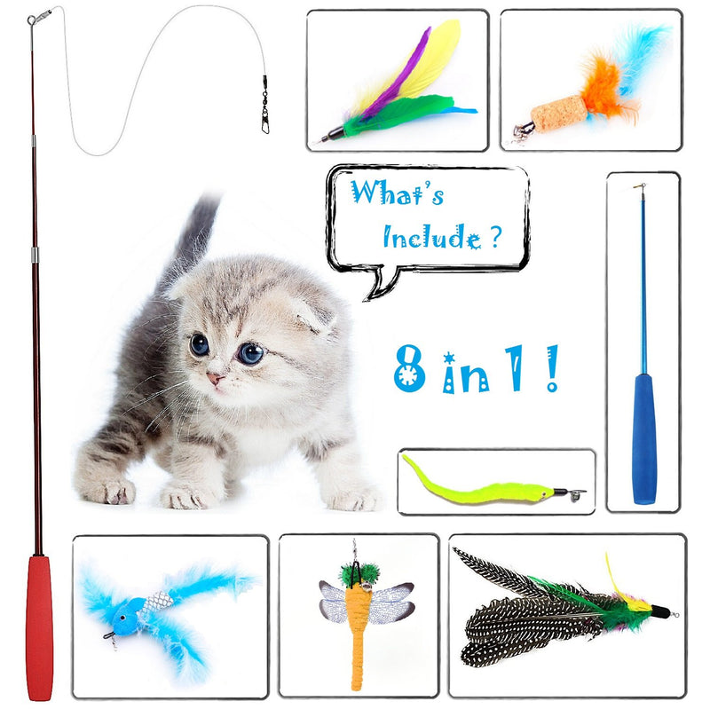 Wineecy 8 Pcs Cat Feather Toy, Cat Toy Wand, Teaser Wand Toy Set, Cat Toys Interactive Retractable Wand Rod with Assorted Feather Toy for Exercising Kitten or Cat (Double Wand) - PawsPlanet Australia