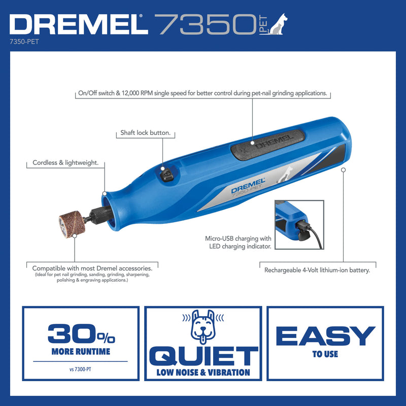 Dremel 7350-PET 4V Pet & Dog Nail Grinder, Easy-To-Use & Safe Nail Trimmer, Professional Pet Grooming Kit - Works on Large, Medium, Small Dogs & Cats New Model - PawsPlanet Australia