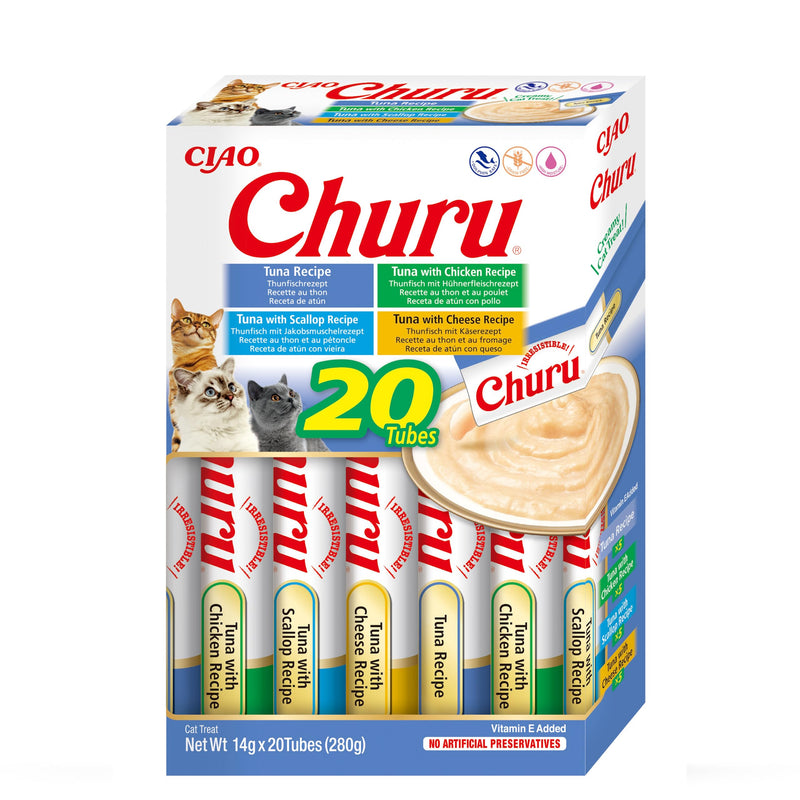 INABA Churu Puree Multipack - cat treat for hand feeding - 20 tubes: 5x tuna, 5x tuna with chicken, 5x tuna with scallop and 5x tuna with cheese tuna & scallops 1 pack (4 sticks x 14g) - PawsPlanet Australia