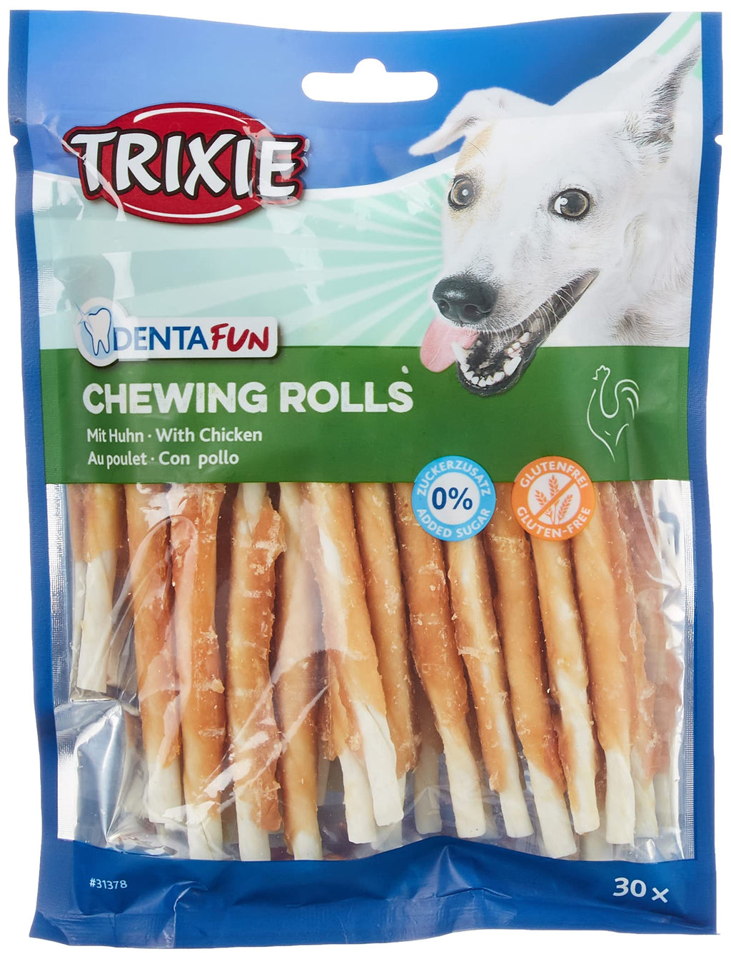 TRIXIE gluten-free chicken chew roll "Denta Fun Chicken Chewing Rolls, 12 cm, 30 pieces/240 g" - 31378 30 pieces (pack of 1) - PawsPlanet Australia