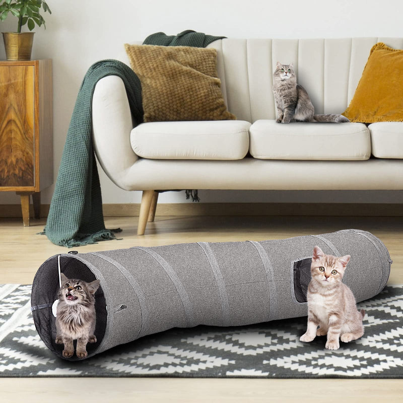 Ownpets Cat Tunnel Made of Durable Oxford Fabric, S-Shaped Foldable Indoor Cat Tunnel, Interactive Viewing Hole Pet Tunnel Tubes with Cat Stick Toy 1-Way L-120CM, Dia-25CM - PawsPlanet Australia