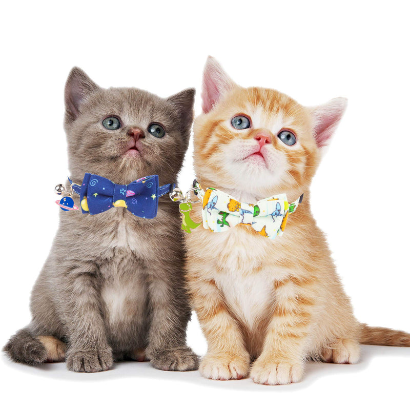 [Australia] - ADOGGYGO Cat Collar Breakaway with Cute Bow Tie Bell - 2 Pack Kitten Collar with Removable Bowtie Universe Dinosaur Rainbow Sea Pattern Cat Bow tie Collar for Cat Kitten Kitty Puppy Universe & Dinosaur 