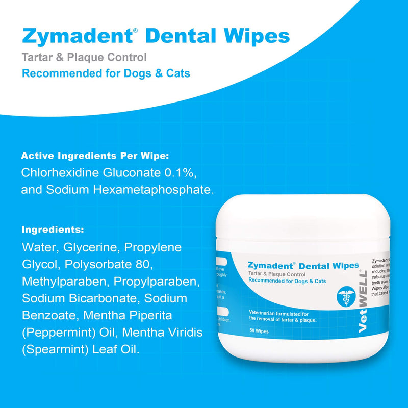 VetWELL Zymadent Cat & Dog Dental Wipes - Teeth Cleaning & Dental Care with Chlorhexidine - Tartar Remover for Teeth, Reduce Plaque, Breath Freshener - 50 ct - PawsPlanet Australia