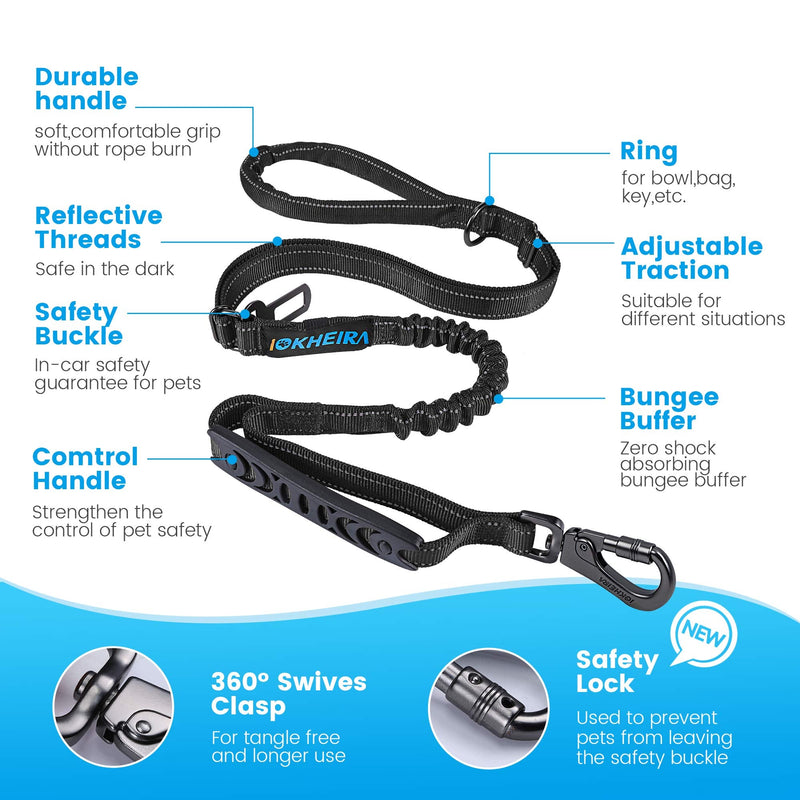 IOKHEIRA dog leash, 1.2m to 1.5m adjustable nylon classic dog leash with buffer bungee system, car seat belt and short training leash midnight - PawsPlanet Australia