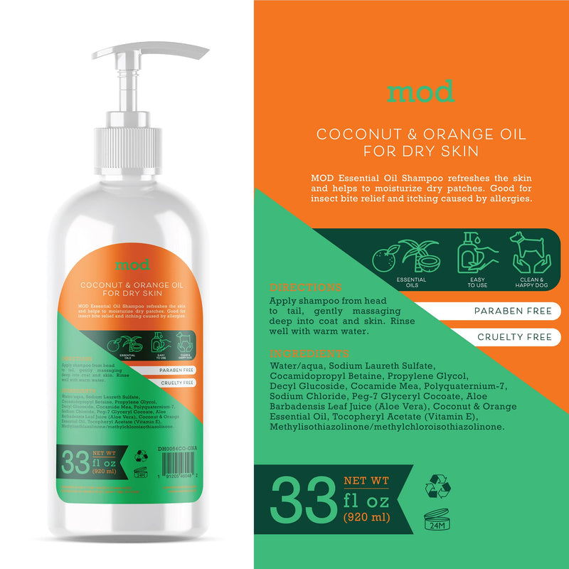 MOD Therapet Pet Shampoo for Dogs - All Natural Human Grade Ingredients with Essential Oils - Great for Allergies, Itching, Dry, Sensitive Skin - 33 OZ Pump Bottle Coconut & Orange - PawsPlanet Australia