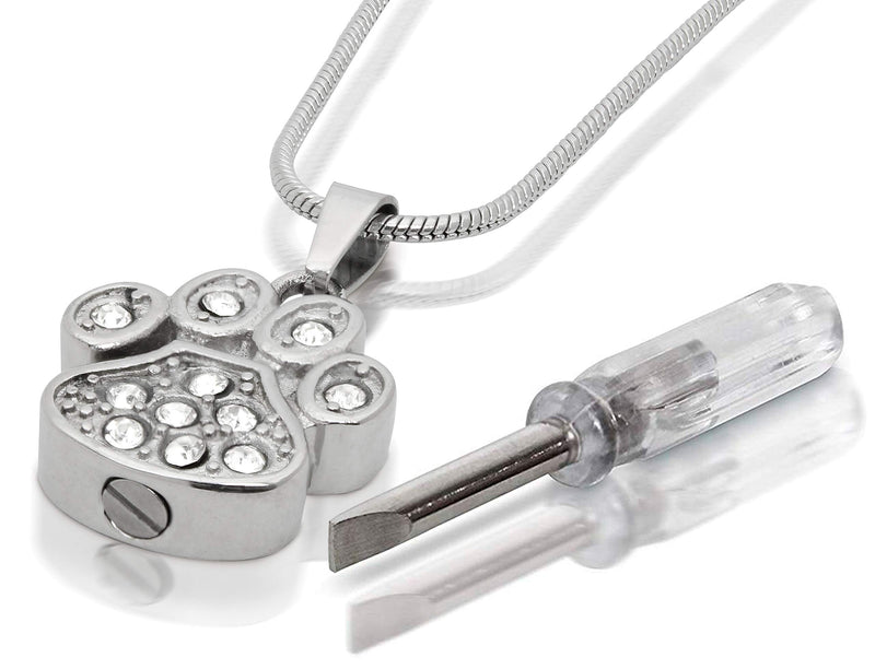 [Australia] - Royal Matter Paw Print with Clear Stones Stainless Steel Cremation Urn Pendant with Chain 