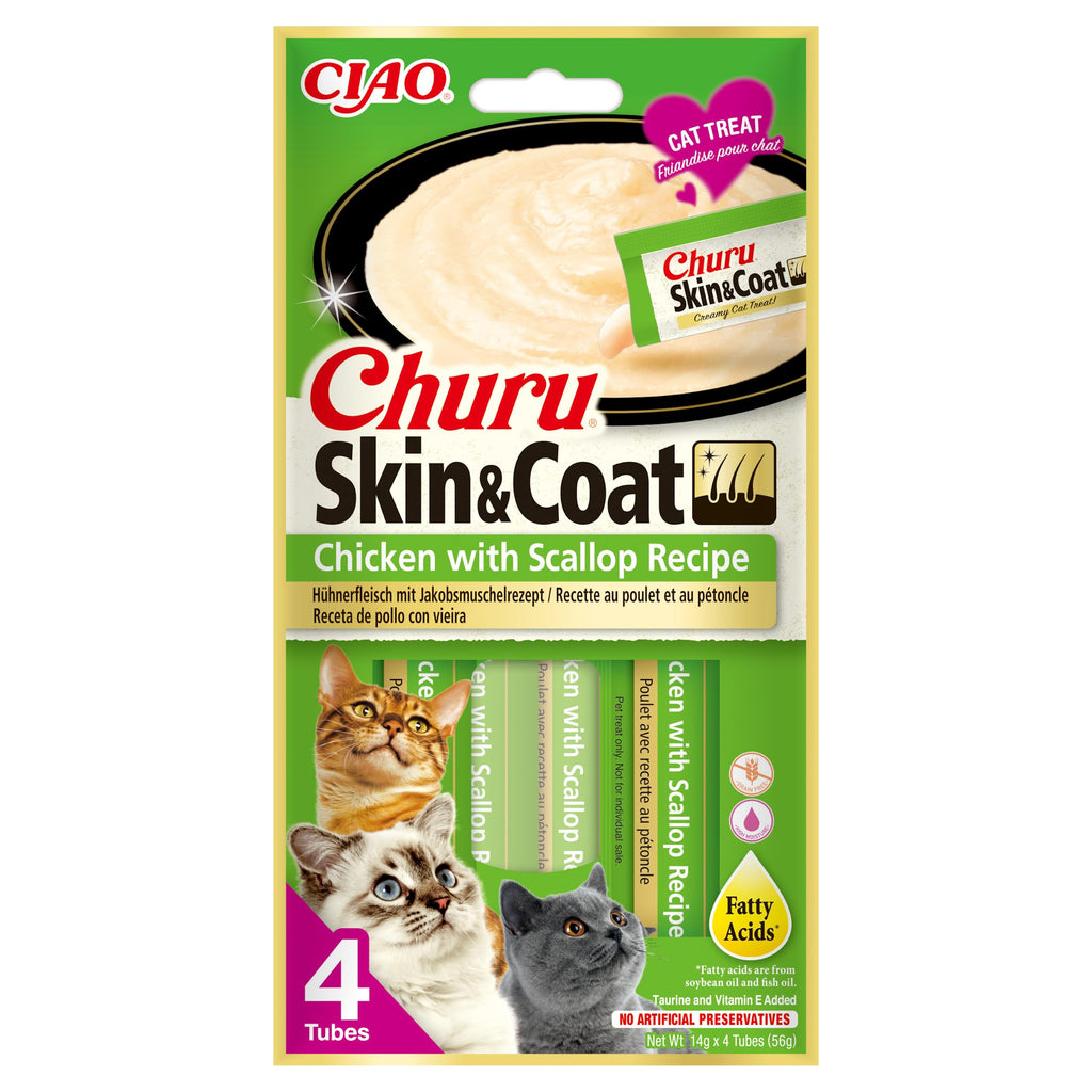 INABA Churu Skin & Coat - cat pastes for beautiful skin and fur, creamy cat snacks with extra vitamins, liquid food, chicken & scallop 4x14g - PawsPlanet Australia