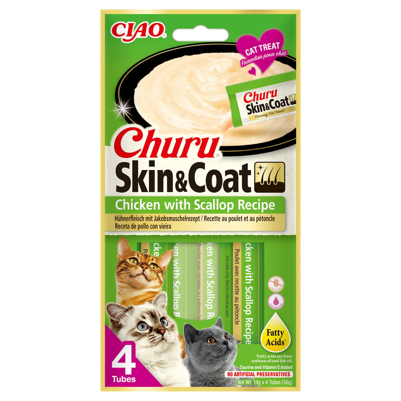 INABA Churu Skin & Coat - cat pastes for beautiful skin and fur, creamy cat snacks with extra vitamins, liquid food, chicken & scallop 4x14g - PawsPlanet Australia