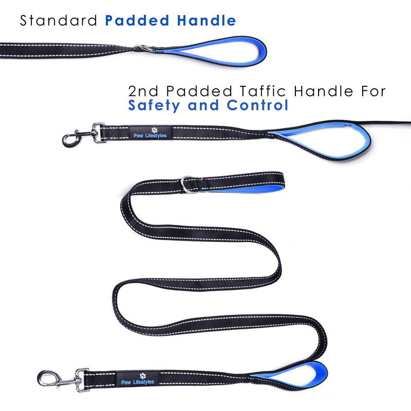 Paw Lifestyles Heavy Duty Dog Leash - 2 Handles - Padded Traffic Handle for Extra Control, 7ft Long - Perfect Leashes for Medium to Large Dogs Black and Blue - PawsPlanet Australia