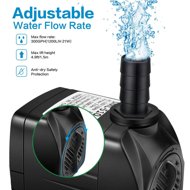 Jhua Fountain Pump 300GPH (1200L/H, 21W) Submersible Water Pump, Ultra Quiet Fountain Pumps Submersible Outdoor with 5.9ft Power Cord, 3 Nozzles for Aquarium, Fish Tank, Pond, Statuary, Hydroponics - PawsPlanet Australia