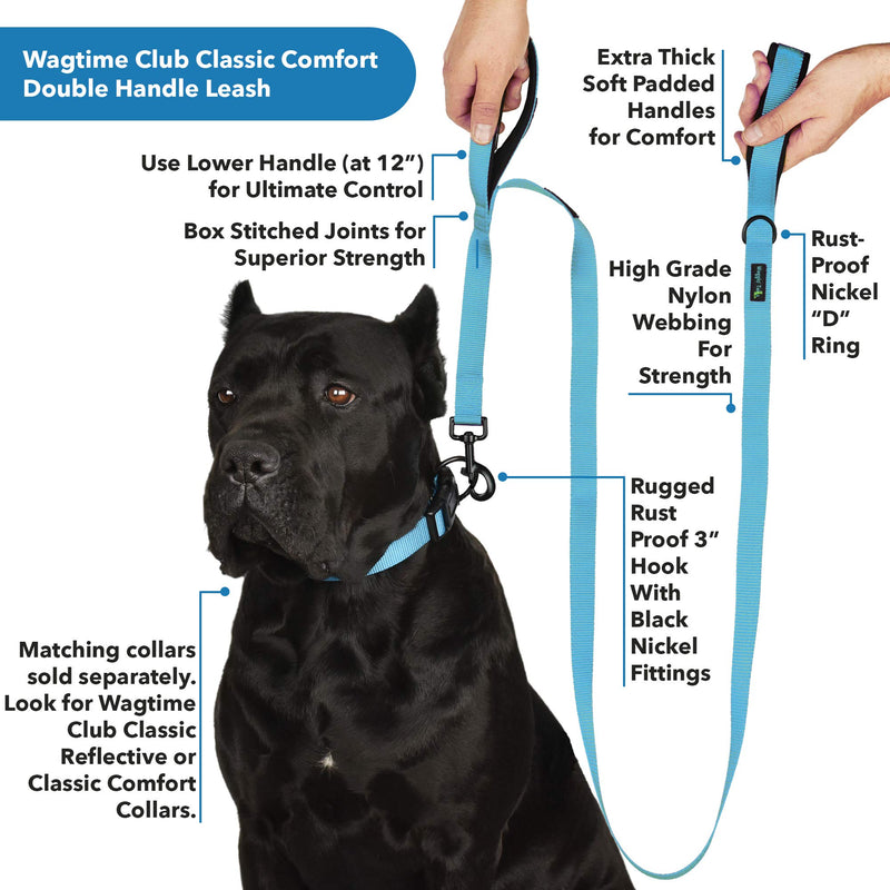 [Australia] - Wagtime Club Soft and Thick Double Handle Premium Nylon 4FT x 3/4 in Leash - Dual Neoprene Padded Handles for Ultimate Comfort and Control - for Medium to Large Dogs- Vibrant Colors Bright Blue 