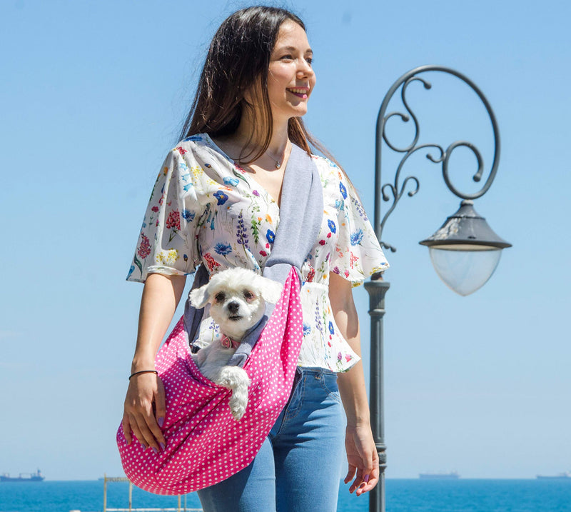 [Australia] - BUDDY TASTIC Pet Sling Carrier - Reversible and Hands-Free Dog Bag with Adjustable Strap and Pocket - Soft Puppy Sling for Pets up to 13 lbs Grey/Pink 