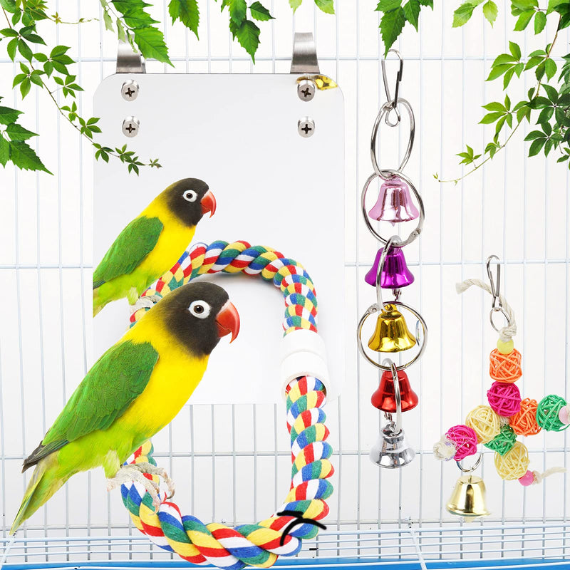 GEKUPEM 7 Inch Bird Mirror with Rope Perch Cockatiel Mirror Parrot Rattan Balls Hanging Bell Toys,for Small and Medium Parakeet Cockatiel Conure Finch Canaries - PawsPlanet Australia