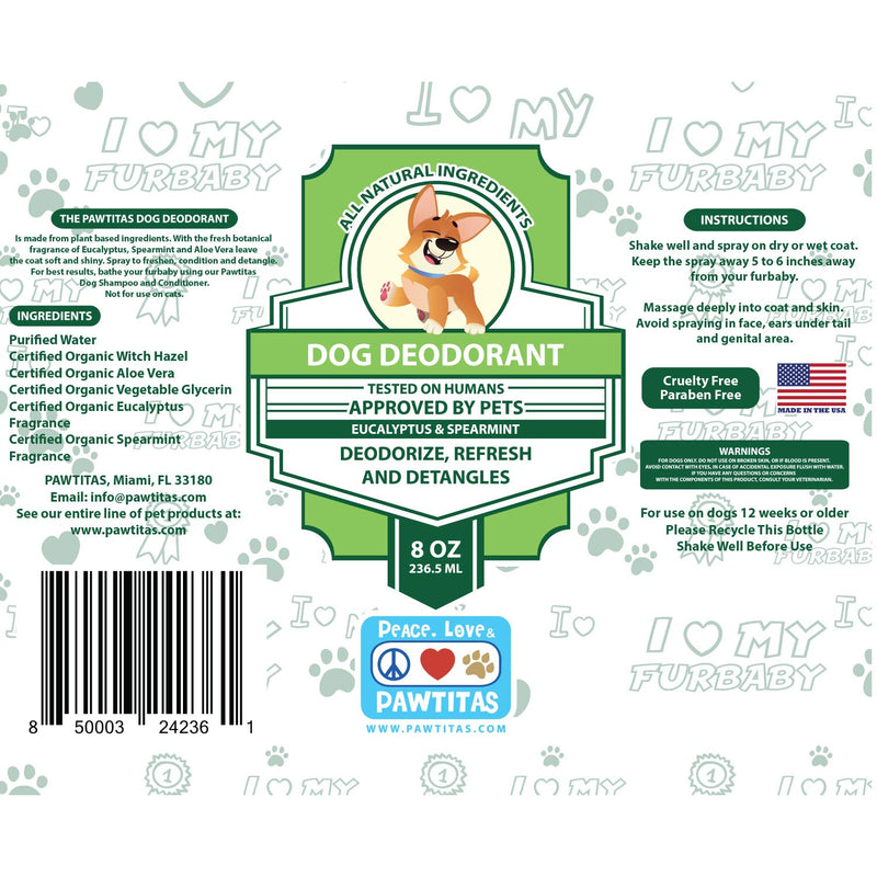 Pawtitas Dog Deodorant Spray a Fresh Perfume with Long Lasting Fragrance on Your Puppy Coat | Perfume for Dogs and Puppies with Essential Oils - 8 oz Dog Cologne. Eucalyptus and Spearmint - PawsPlanet Australia