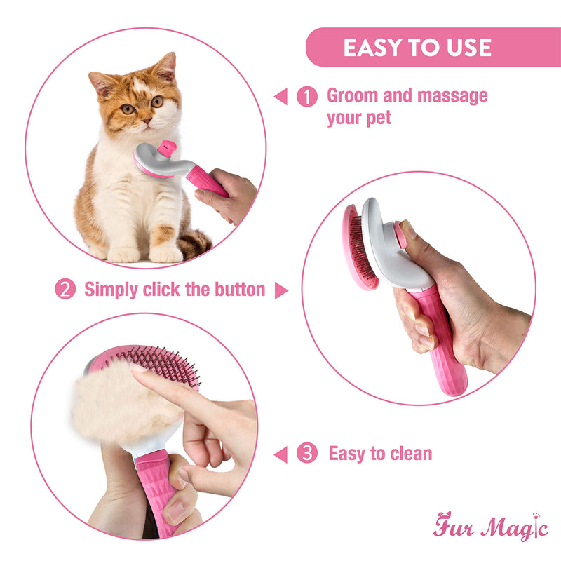 Fur Magic Self-Cleaning Grooming Brush, Slicker Brush for Dogs and Cats with Short Medium and Long Hair, Deshedding Tool Removes Mats and Tangles, Pink - PawsPlanet Australia