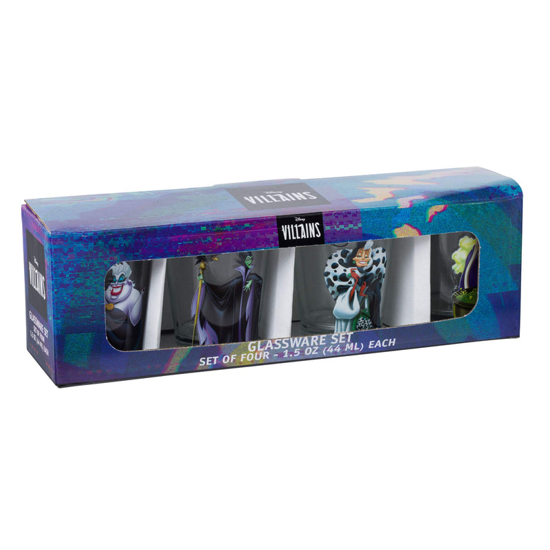 Silver Buffalo Disney Villains Queen, Cruella, Malificent, and Ursula 4-piece Mini Glass Set, 1-Ounce Each, Clear - PawsPlanet Australia